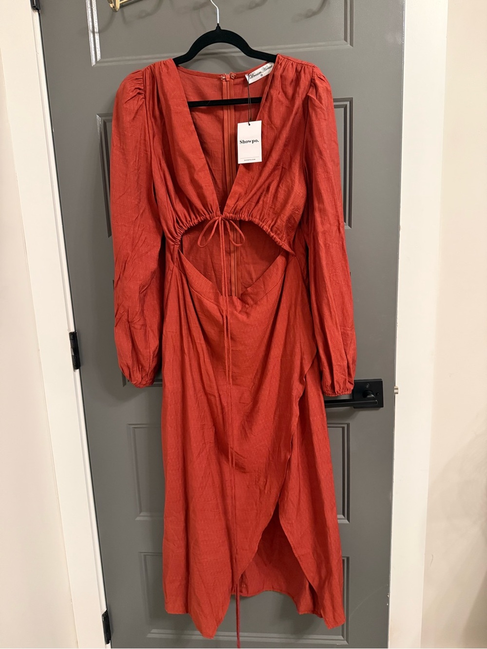 SHOWPO Demieh Cutout Long SleeveMidi Dress in Rust